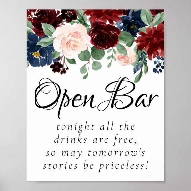 Boho Bloom | Burgundy Blush and Navy Open Bar Poster (Front)