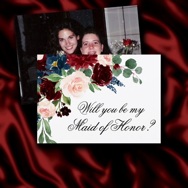 Boho Bloom | Burgundy Navy Bridal Party Ask Photo Invitation (Creator Uploaded)