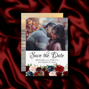 Boho Bloom   Burgundy Red and Navy Blue 2 Photo Save The Date
