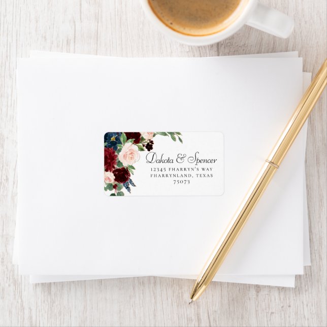 Boho Bloom | Burgundy Red and Navy Blue Address Label (Insitu)