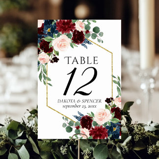 Boho Bloom | Burgundy Red and Navy Blue Custom Table Number
