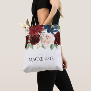 Boho Bloom Burgundy Red and Navy Blue Custom Tote Bag