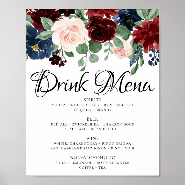 Boho Bloom | Burgundy Red and Navy Blue Drink Menu Poster (Front)