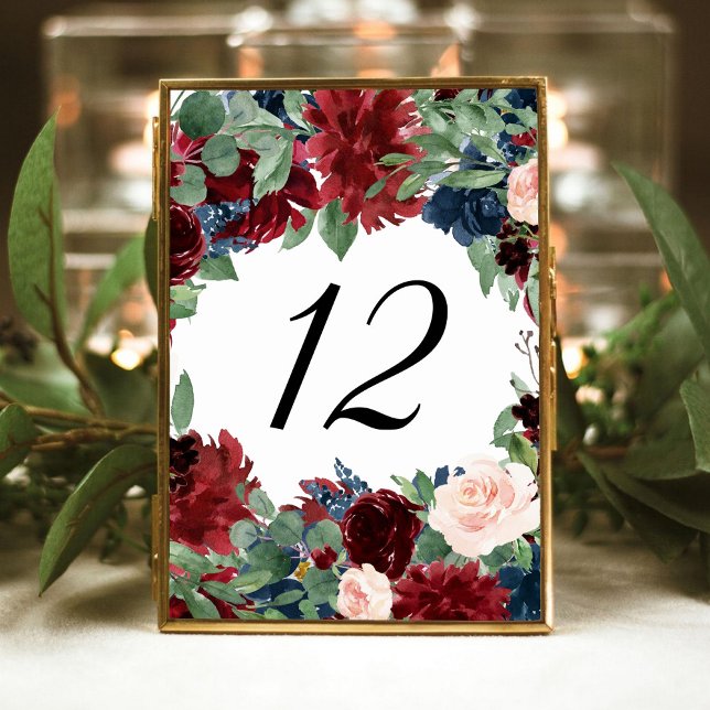 Boho Bloom | Burgundy Red and Navy Blue Frame Table Number (Creator Uploaded)