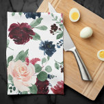 Boho Bloom | Burgundy Red and Navy Blue Pattern Tea Towel<br><div class="desc">Sophisticated hand-painted boho chic watercolor floral with gorgeous burgundy marsala red and blush pink radiant blooms with navy blue accent flowers embellished by botanical laurel and dark red diamante sparkle. From the "Boho Bloom" collection, this layout features rich Bohemian wildflowers with eucalyptus greenery foliage. For other colours or matching products,...</div>