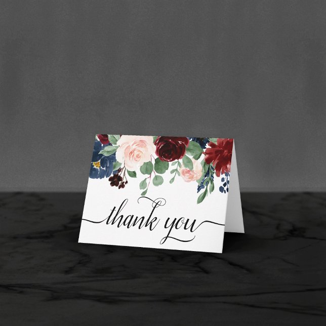 Boho Bloom | Burgundy Red and Navy Blue Photo Thank You Card (Creator Uploaded)