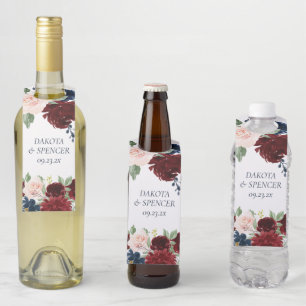 Boho Bloom   Burgundy Red and Navy Blue Rose Bottle Tag