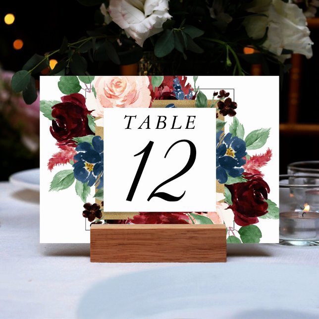 Boho Bloom | Burgundy Red and Navy Blue Wreath Table Number (Creator Uploaded)