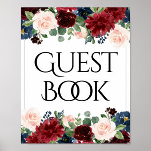 Boho Bloom   Burgundy Red and Navy Guest Sign-In Poster