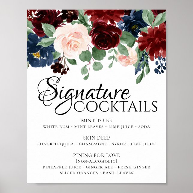 Boho Bloom | Burgundy Red and Navy Newlywed Drink Poster (Front)