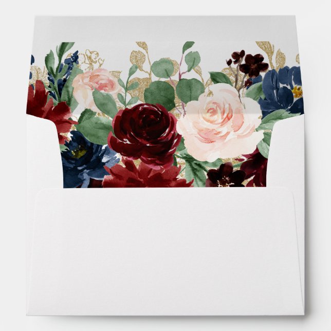 Boho Bloom | Burgundy Red and Navy Return Address Envelope (Back (Bottom))