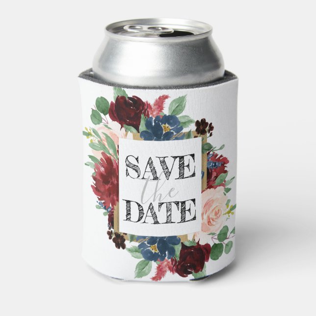 Boho Bloom | Burgundy Red and Navy Save the Date Can Cooler (Can Back)