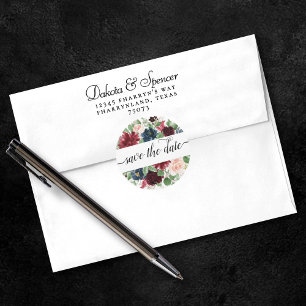 Boho Bloom   Burgundy Red and Navy Save the Date Classic Round Sticker