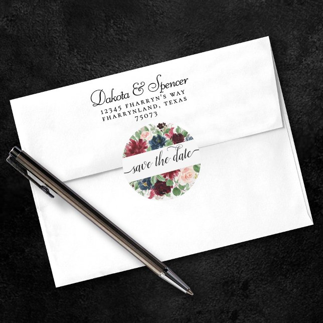 Boho Bloom | Burgundy Red and Navy Save the Date Classic Round Sticker (Creator Uploaded)
