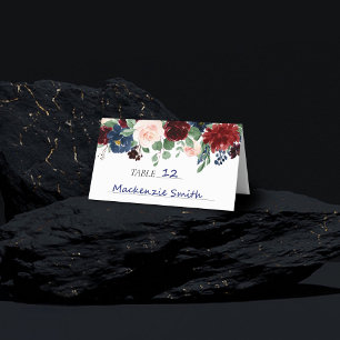 Boho Bloom Burgundy Red and Rustic Navy Garland Place Card