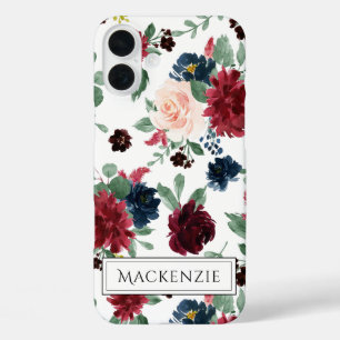 Boho Bloom   Burgundy Red Blush Navy Blue Monogram iPhone 16 Plus Case