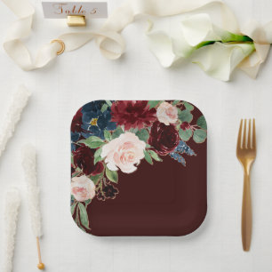 Boho Bloom   Dark Burgundy and Navy Blue Bouquet Paper Plate