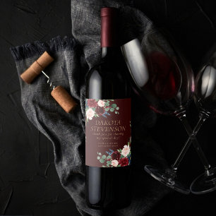 Boho Bloom   Dark Burgundy and Navy Blue Thank You Wine Label