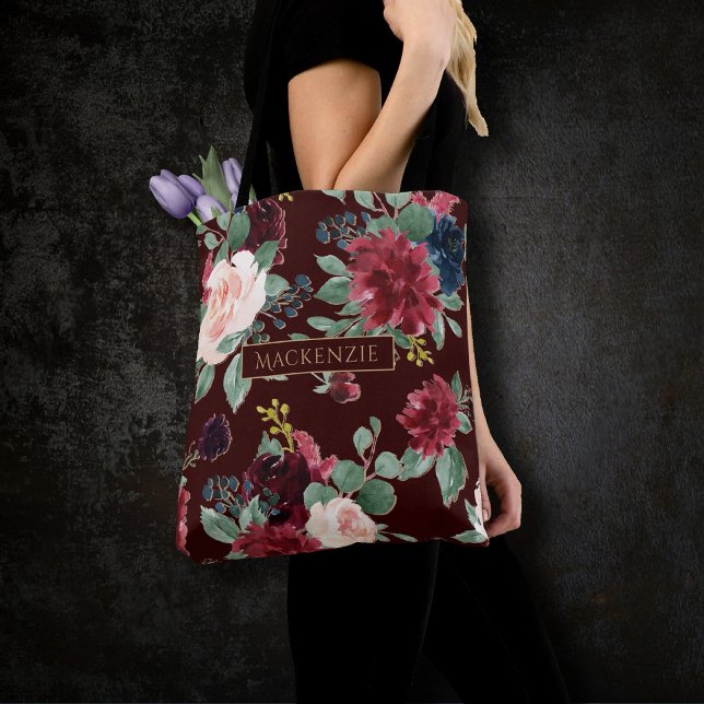 Boho Bloom | Dark Burgundy Blush and Navy Monogram Tote Bag (Creator Uploaded)