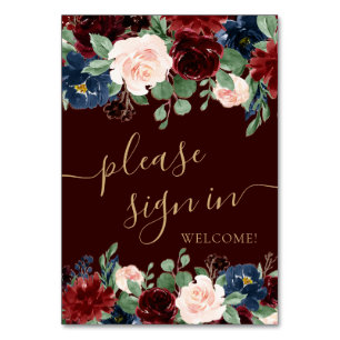 Boho Bloom Dark Burgundy Red and Navy Gifts Table Number
