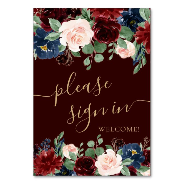 Boho Bloom | Dark Burgundy Red and Navy Gifts Table Number (Front)