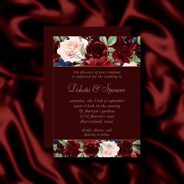 Boho Bloom | Dark Elegant Burgundy Red and Navy Invitation (Creator Uploaded)