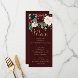 Boho Bloom Dark Elegant Red Blush and Navy Blue Menu