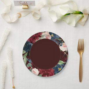 Boho Bloom Dark Elegant Red Blush and Navy Blue Paper Plate