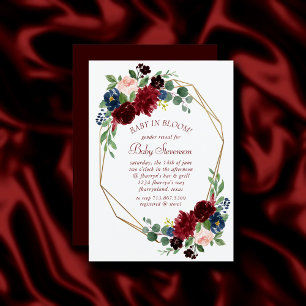 Boho Bloom   Elegant Burgundy and Navy Blue Shower Invitation