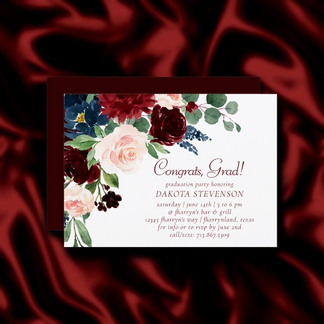 Boho Bloom | Elegant Burgundy and Navy Graduation Invitation (Creator Uploaded)