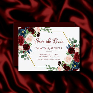 Boho Bloom   Elegant Burgundy Floral Gold Frame Save The Date