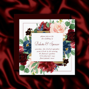 Boho Bloom   Elegant Burgundy Red Square Frame Invitation