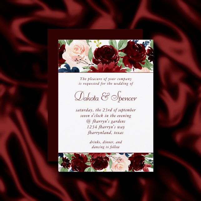 Boho Bloom | Elegant Dark Red and Navy Garland Invitation (Creator Uploaded)