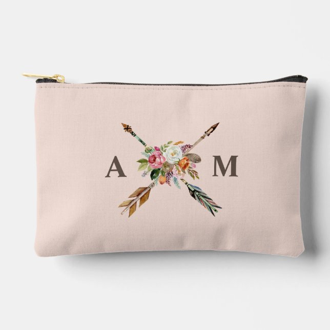 Boho Blooms and Arrows Monogrammed Accessory Pouch (Front)