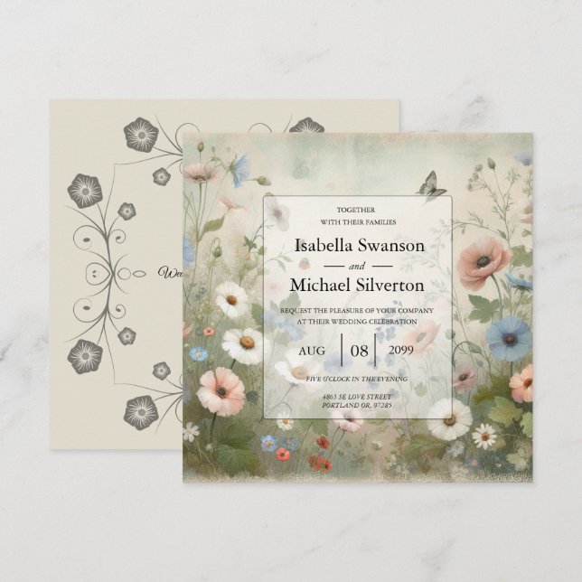 Boho Blooms and Vintage Vows Wedding Invitation (Front/Back)
