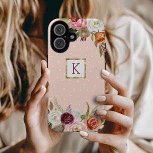 Boho Blooms Blush Dot Monogram iPhone 16 Case