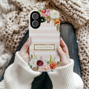 Boho Blooms Blush Stripe Monogram iPhone 16 Case