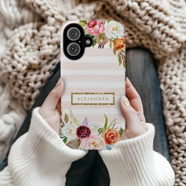 Boho Blooms Blush Stripe Monogram Case-Mate iPhone Case (Creator Uploaded)