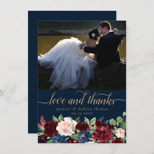 Boho Blooms | Dark Navy and Red Photo Love and  Thank You Card (Front/Back)