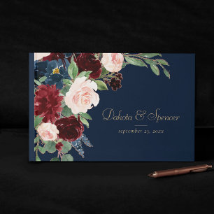 Boho Blooms   Dark Navy Blue and Burgundy Bouquet Guest Book
