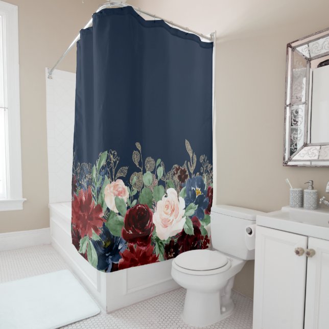 Boho Blooms | Dark Navy Blue and Burgundy Bouquet Shower Curtain (In Situ)