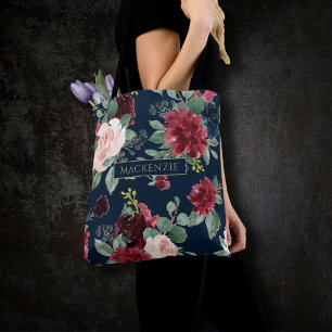 Boho Blooms   Dark Navy Blue and Burgundy Custom Tote Bag