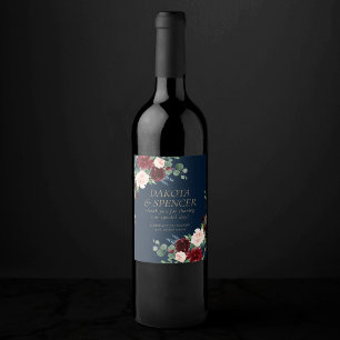 Boho Blooms   Dark Navy Blue and Burgundy Favour Wine Label