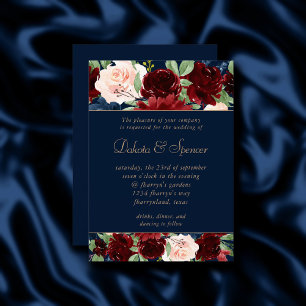 Boho Blooms   Dark Navy Blue and Burgundy Garland Invitation
