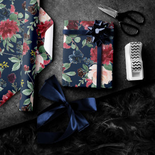 Boho Blooms   Dark Navy Blue and Burgundy Pattern Wrapping Paper