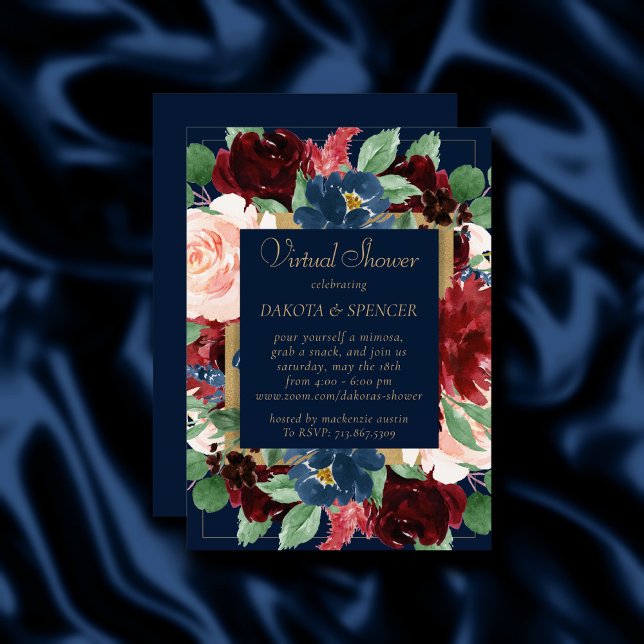 Boho Blooms | Dark Navy Blue and Burgundy Wreath Invitation (Creator Uploaded)