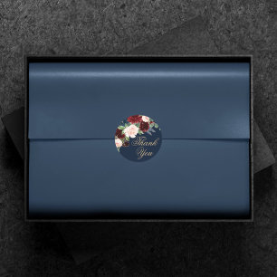 Boho Blooms   Dark Navy Blue and Red Thank You Classic Round Sticker