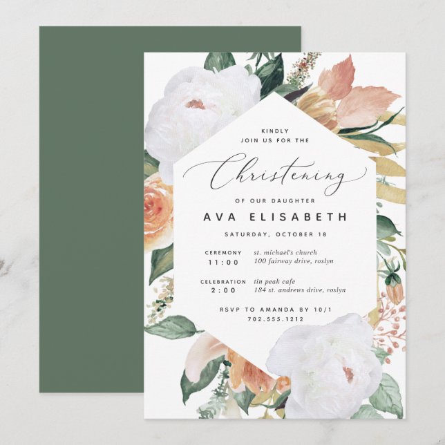 Boho Blooms | Modern Floral Christening Invitation (Front/Back)