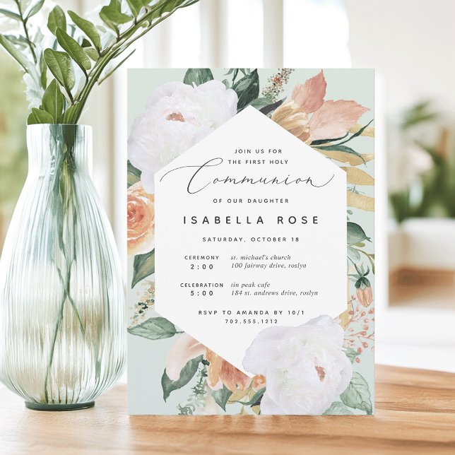 Boho Blooms | Modern Floral First Holy Communion Invitation (Creator Uploaded)