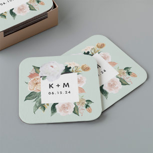 Boho Blooms Modern Floral Wedding Monogram Square Paper Coaster